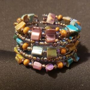 Colorful Dyed Shells/Beaded Cuff Bracelet